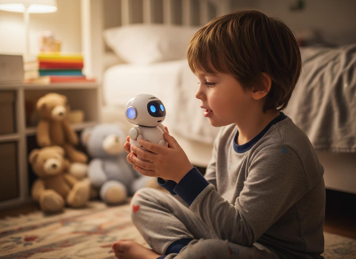 Young child holding and looking intently at a small AI robot toy