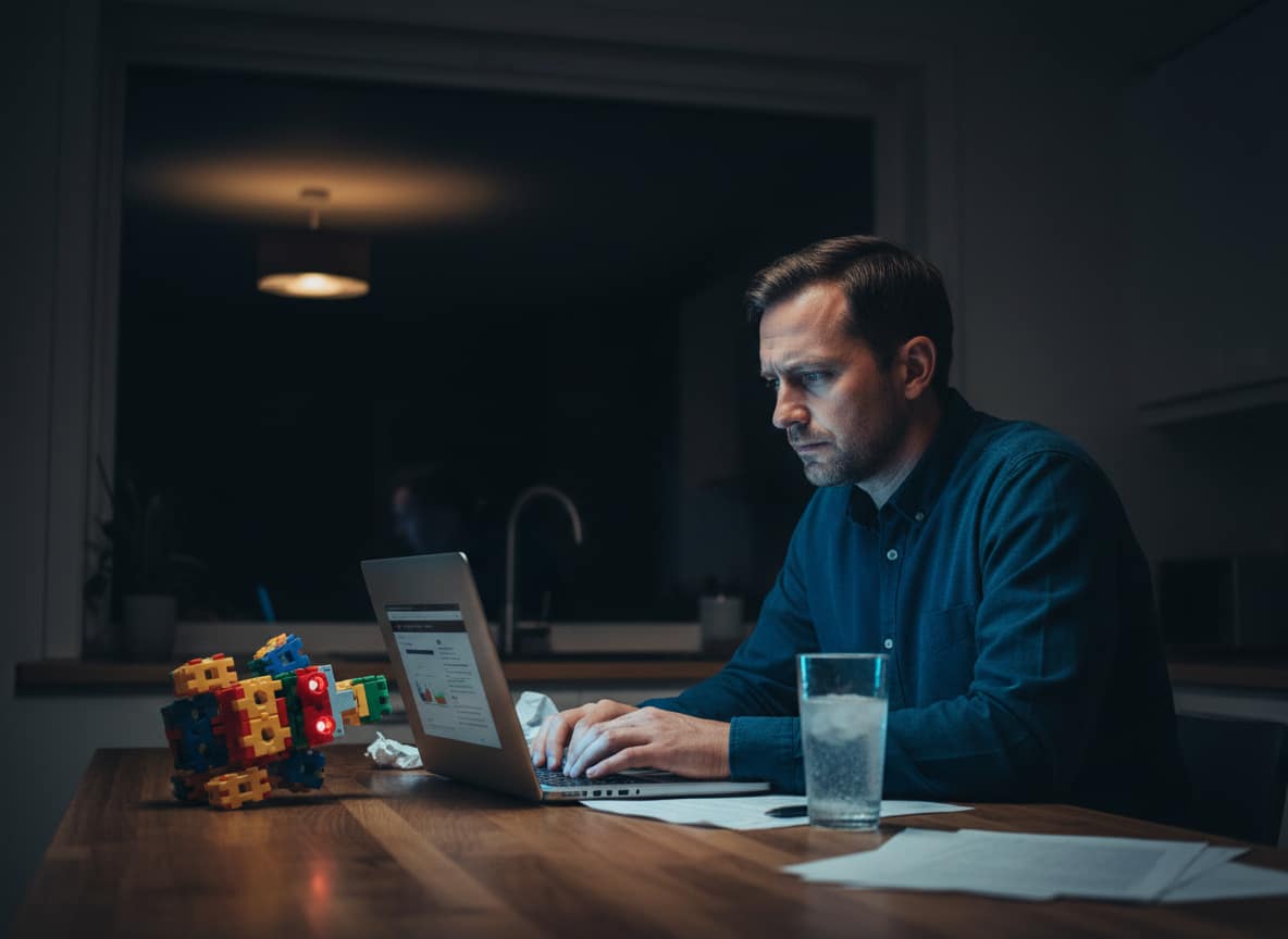 Parent researching AI toy safety on a laptop at night with toy visible in background