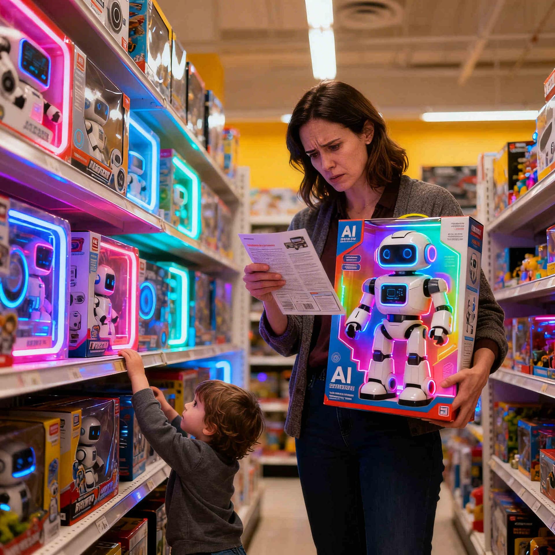 Parent examining an AI toy box in a store aisle while child reaches for the shelf