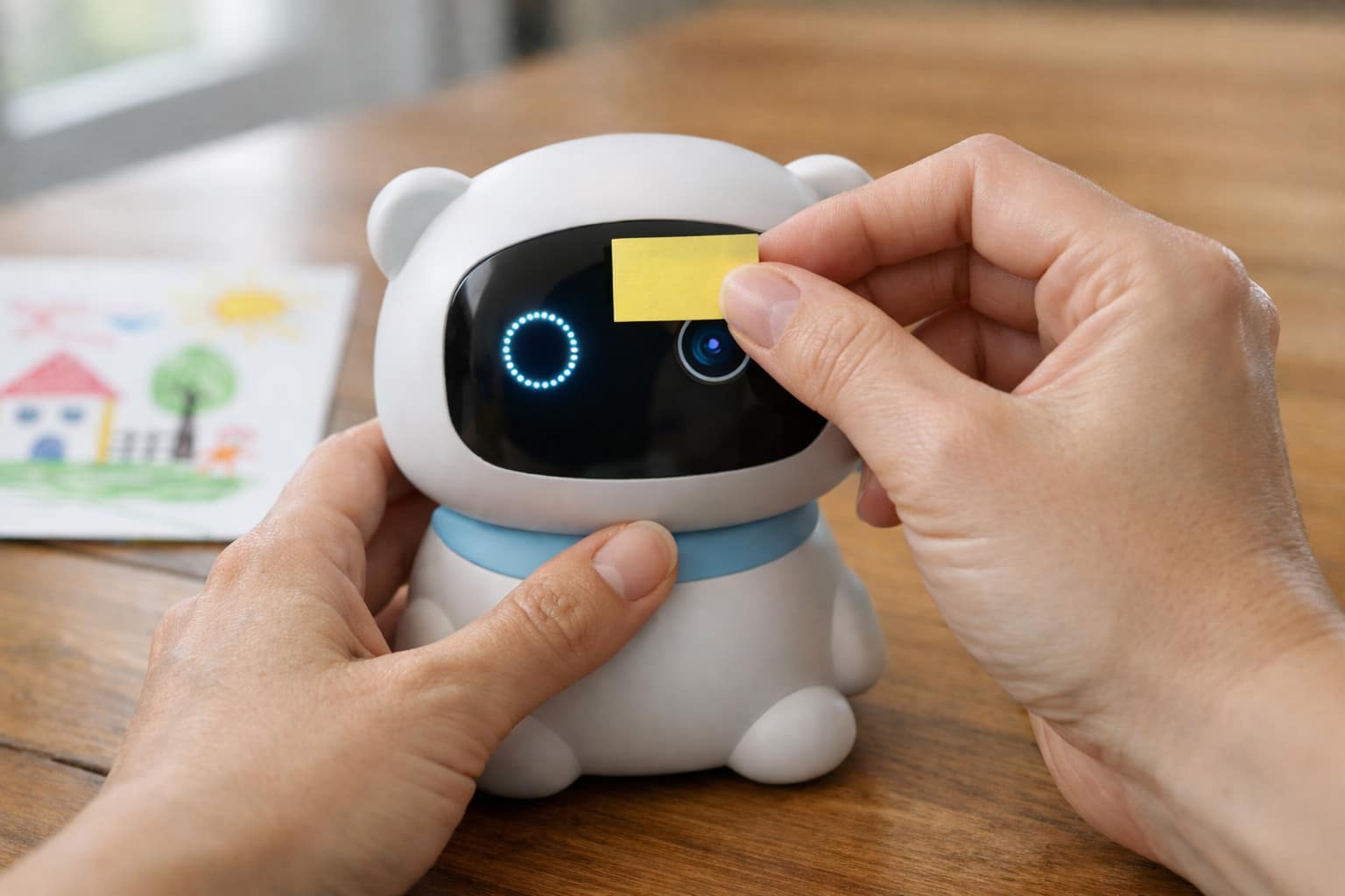 Parent placing a sticky note over an AI toy camera to block access